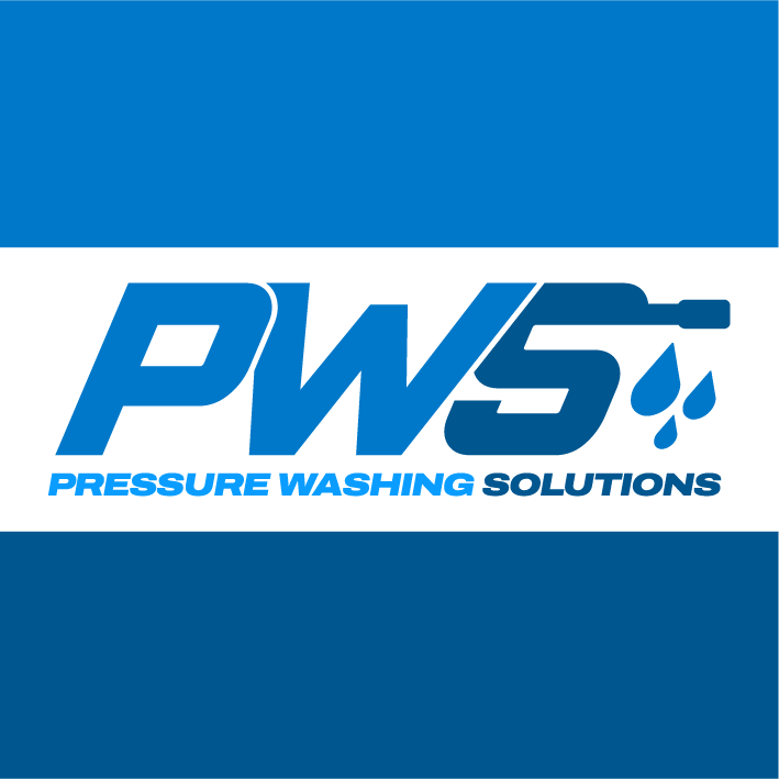 Logo for Pressure Washing Solutions with blue and white background and a pressure washer spray icon.