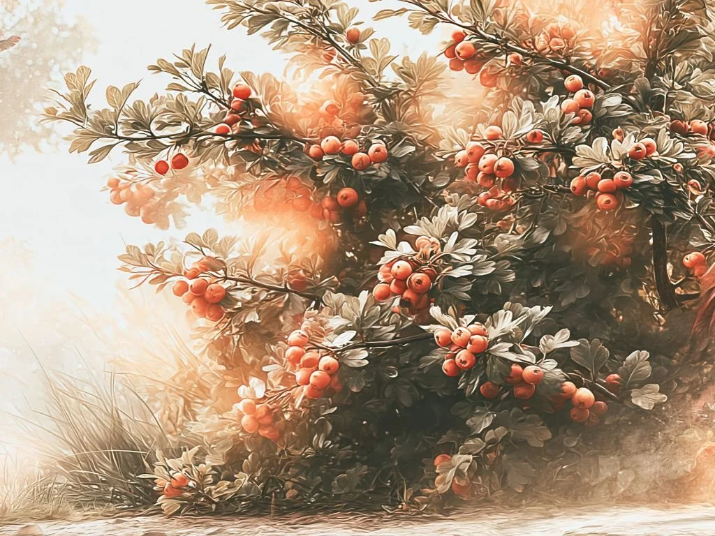 Meidoornstruik met rode bessen in een natuurlijke groene tuin