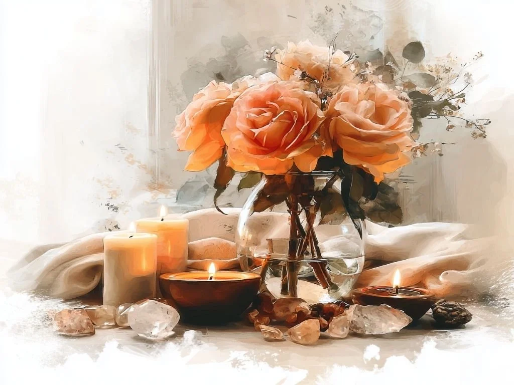Bos roze rozen op een zacht verlicht altaar met kaarsen en kristallen in een rustige spirituele sfeer