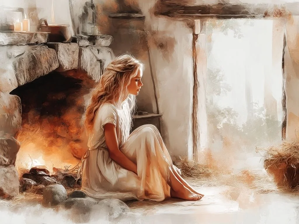 Assepoester in een middeleeuwse cottage bij een stenen haard met gloeiende sintels