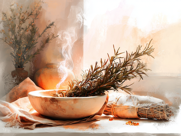 Rozemarijn op een zacht verlicht altaar met opstijgende rook voor energetische zuivering.