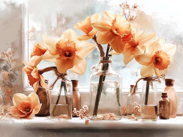 Gele narcissen in kleine vaasjes in een vensterbank met zacht lentelicht