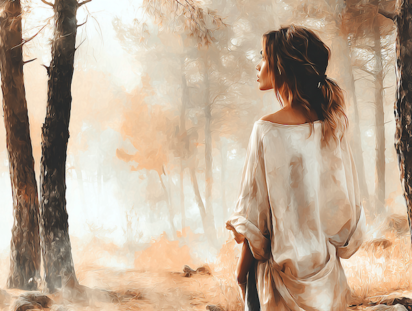 Intuïtief fotograferen in het bos, vrouw in stilte en aanwezigheid met camera.