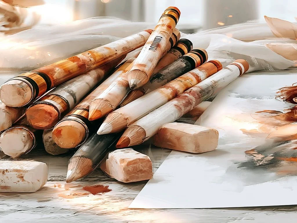 Pastelpotloden en zachte pastelkrijtjes op een kunstenaarstafel in warm licht, symbool voor creativiteit, passie en levensvreugde.