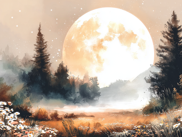 Blauwe Maan boven een mistig landschap met wilde bloemen en gouden maanlicht tijdens de volle maan van mei 2026.