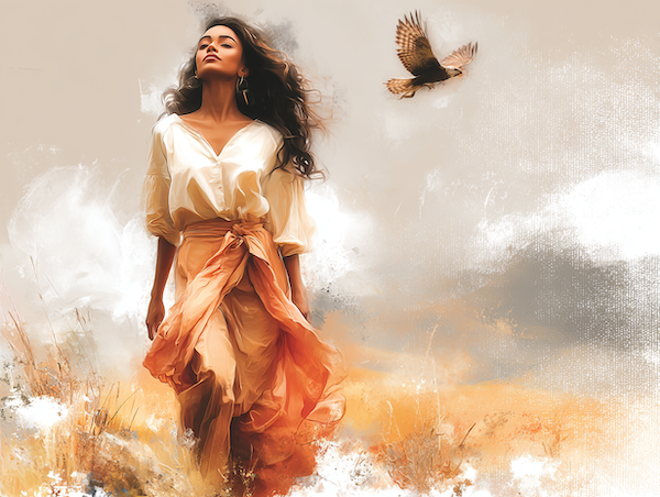 Vrouw die omhoog kijkt en een cirkelende buizerd als symbool voor intuïtie en innerlijk weten