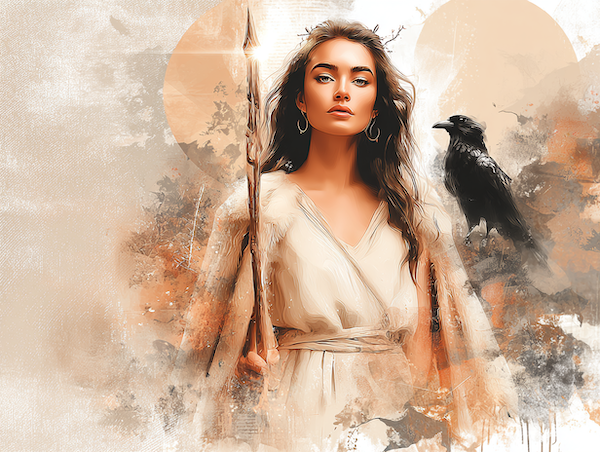 Vrouwelijke valkyrie naast de raven van Odin onder een hemel van noorderlicht.