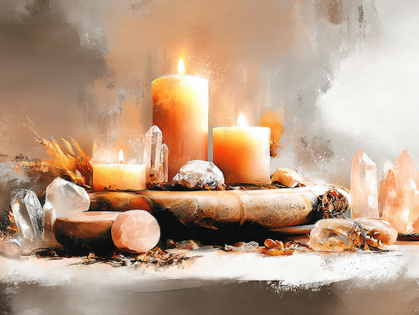 altaar met kaarsen en kristallen tijdens volle maan ritueel voor balans