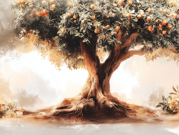 Oude mystieke boom in gouden schemerlicht, geïnspireerd op de tuin van Hera en symbool voor innerlijk goud en vrouwelijke kracht.