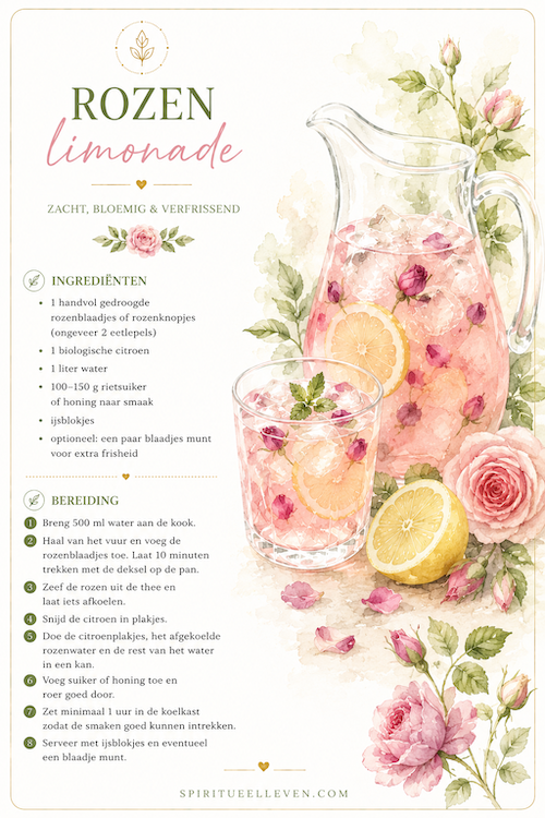 Rozenlimonade met gedroogde rozenknopjes citroen en ijsblokjes in een glazen kan op een zomerse tafel.