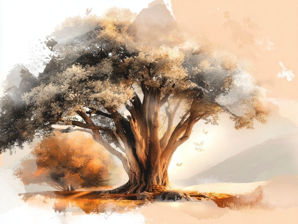 Oude ginkgoboom met zachte ochtendmist en spirituele sfeer.