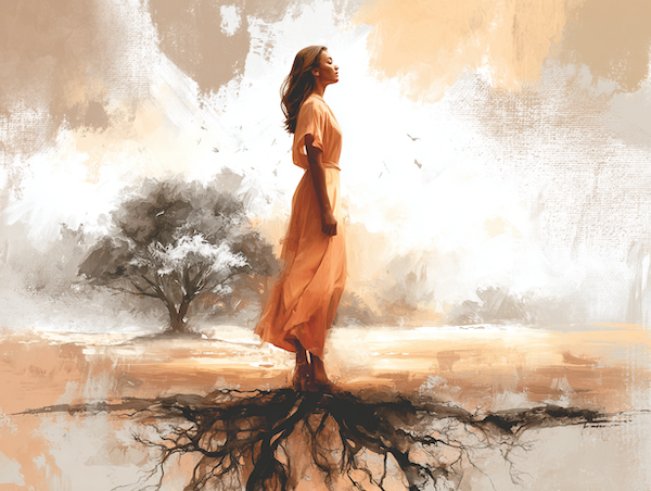 Symbolisch beeld van innerlijke stabiliteit en geaard bewust leven in verbinding met de aarde