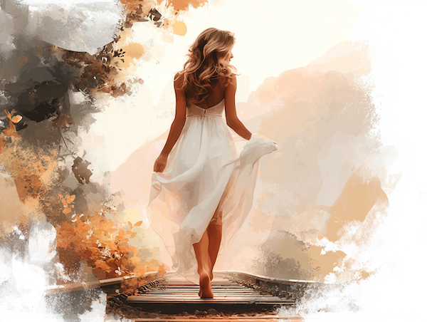 Vrouw loopt van een perron een natuurpad op als beeld voor loslaten en opnieuw kiezen.