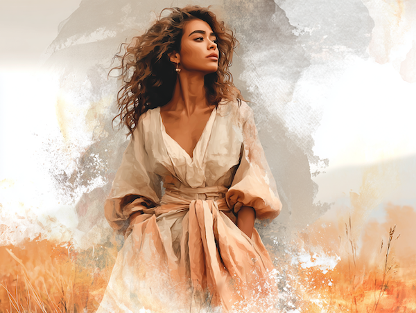 Krachtige vrouw in de wind in de natuur, staat stevig en belichaamt grenzen stellen en innerlijke kracht