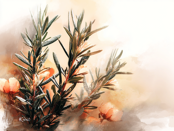 Close-up van rozemarijntakjes met dauwdruppels in warm ochtendlicht als symbool voor helderheid.