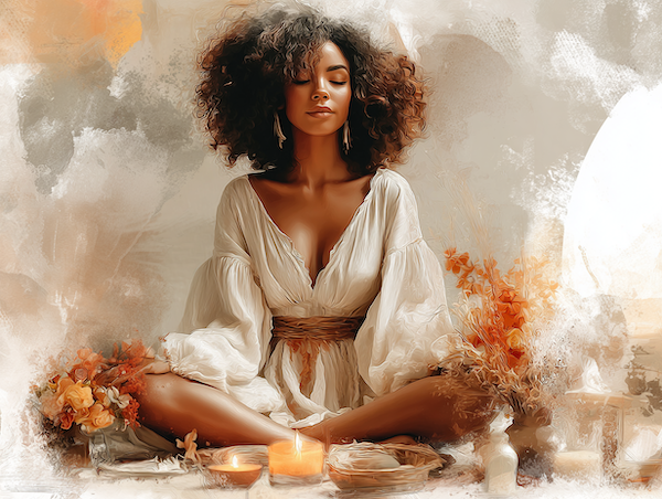 vrouw in rust bij kaarslicht in een natuurlijke setting tijdens een stil moment