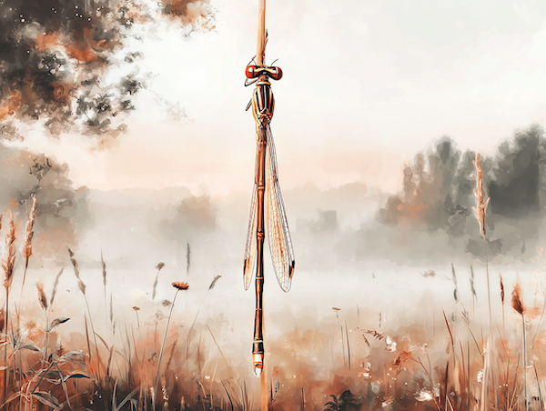 Waterjuffer op grasspriet bij zonsopkomst als symbool voor zachtheid en spirituele transformatie.