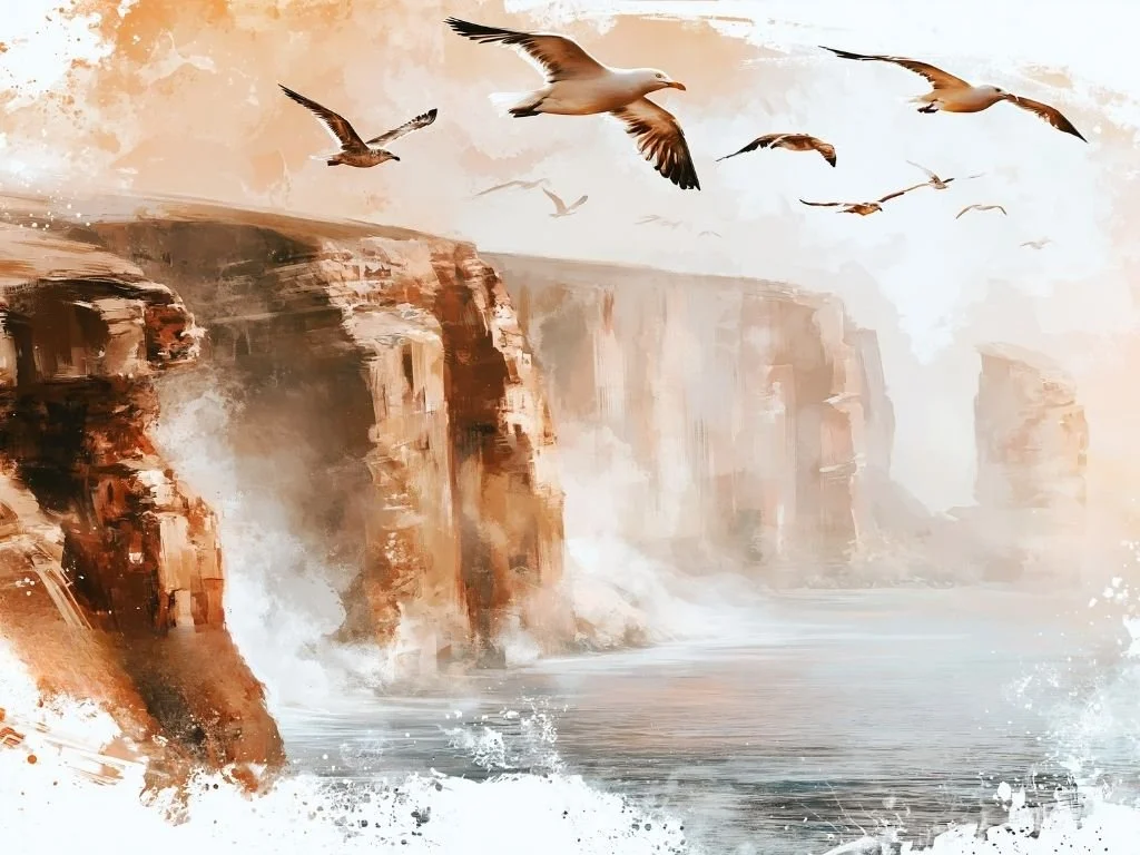 Meeuwen vliegen boven de rode rotsen van Helgoland als symbool van vrijheid, vertrouwen en je laten dragen door de wind.