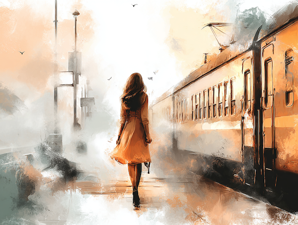 Vrouw staat op een rustig treinstation bij zonsopgang als symbool voor uit een verkeerde levensfase stappen.