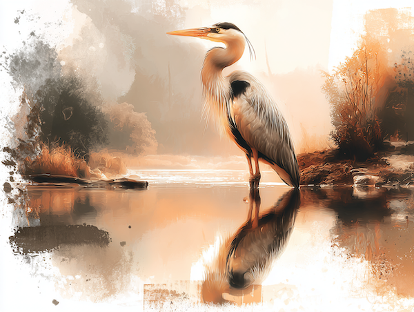 Reiger weerspiegeld in water als symbool van intuïtie en innerlijke balans.