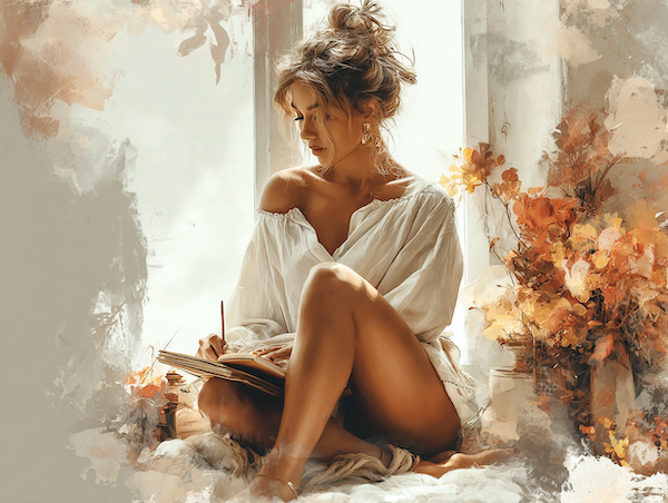 vrouw schrijft intentie in een notitieboek bij zacht natuurlijk licht