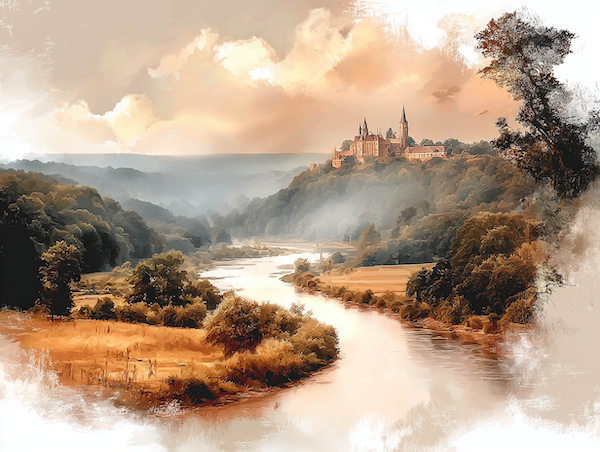 een impressie van Limburg in vroegere tijden met een kasteel in de verte op een heuvel