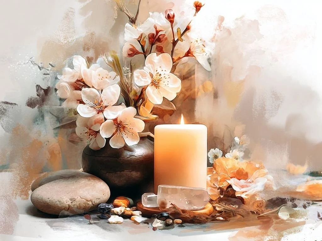 Zacht lente altaar met bloemen, kaarsen en kristallen tijdens de equinox