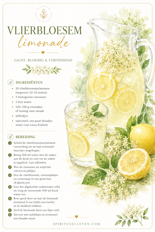 Vlierbloesemlimonade met citroen en vlierbloesem in een glazen kan tussen zomerbloemen.