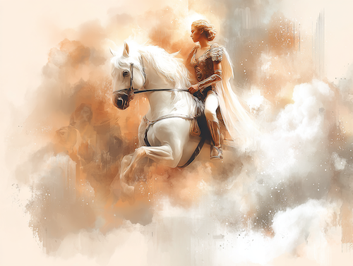 Een valkyrie die neerdaalt uit de hemel op haar paard, omringd door gouden mist en zachte kracht.