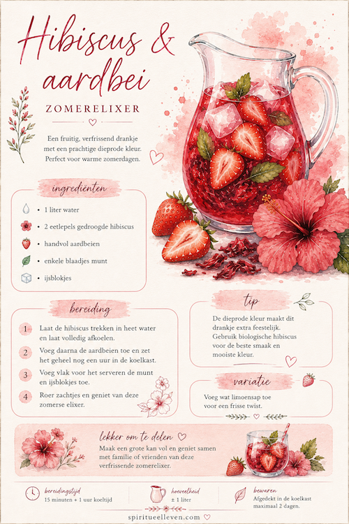 Hibiscus en aardbei zomerelixer in een glazen kan met verse aardbeien hibiscusbloemen en ijsblokjes.