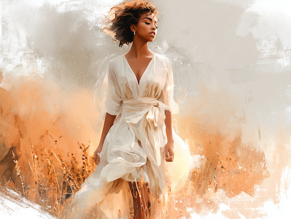 Vrouw in witte jurk wandelend door een rozemarijnveld bij zonsopkomst als symbool voor levensenergie.