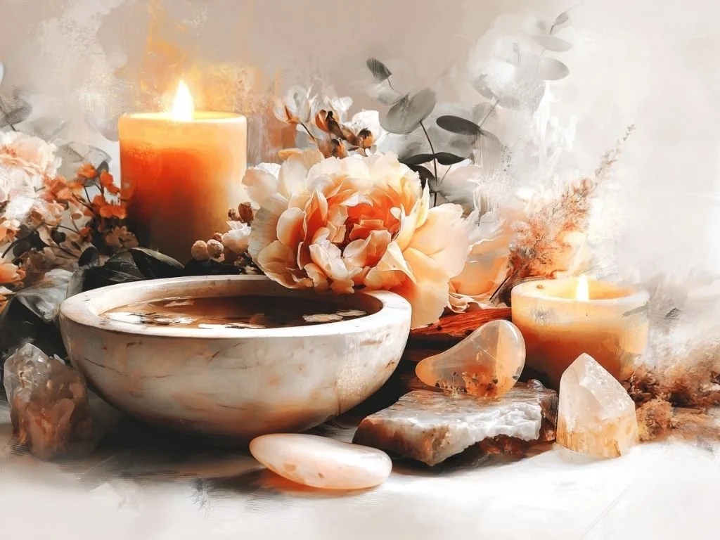 Spiritueel altaar met maansteen en kaarslicht tijdens de nieuwe maan