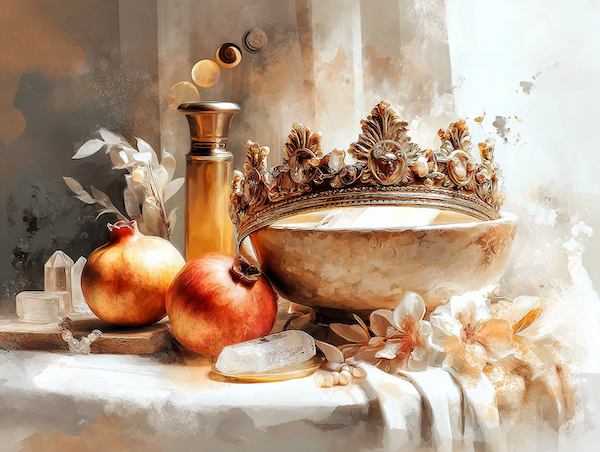 Symbolisch altaar met granaatappel en maanenergie dat Persephone’s reis tussen licht en donker verbeeldt.