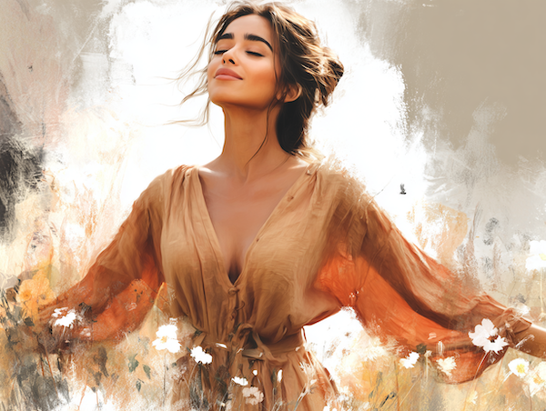 Vrouw in warm zonlicht met open armen in de natuur, symbool voor overgave, vertrouwen en innerlijke rust