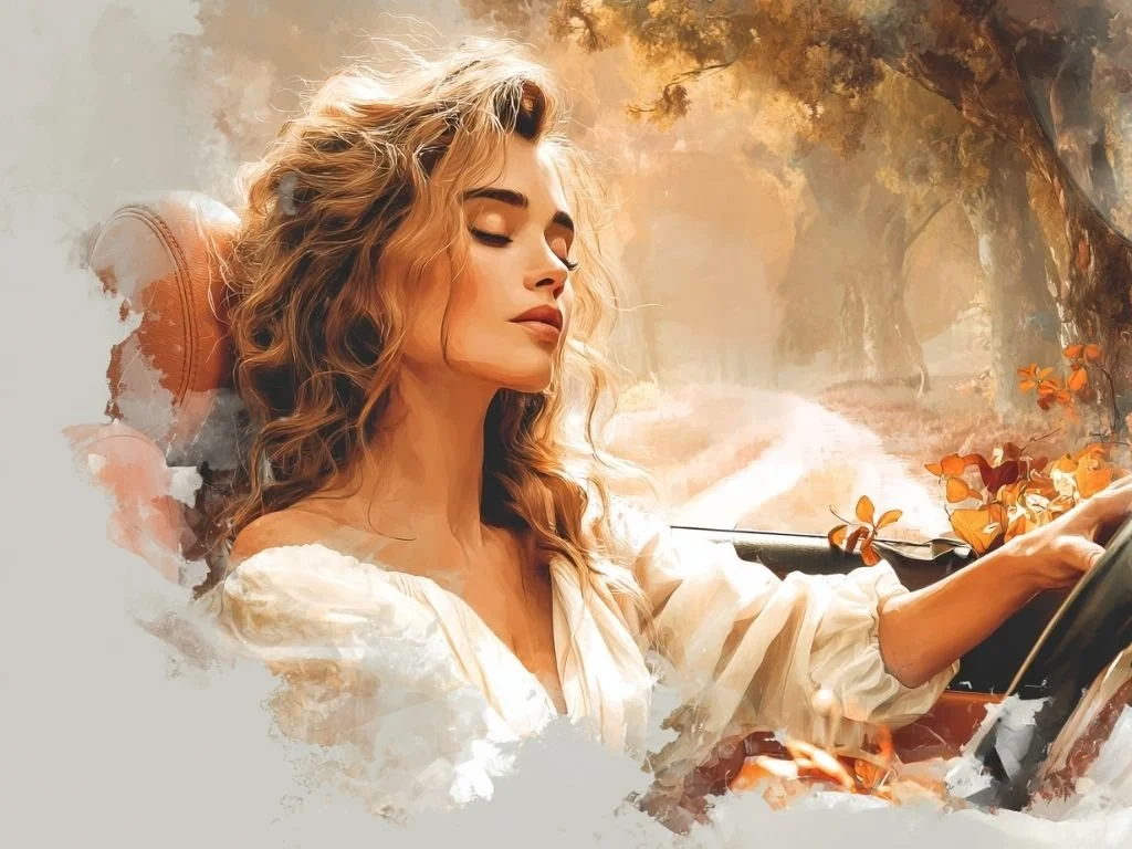 Vrouw zit rustig achter het stuur aan de rand van een bos als symbool voor bewust reageren.