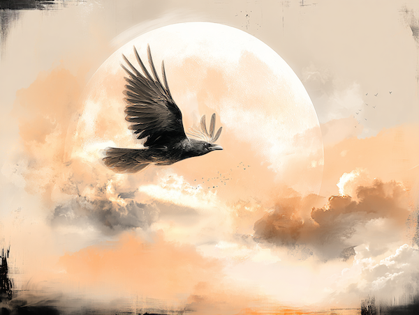 Grote raaf in vlucht onder een maan aan de nachtelijke hemel als symbool voor transformatie en innerlijke ruimte