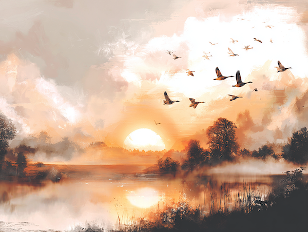 Rustgevend natuurbeeld van mistige velden met vogels tijdens zonsopkomst