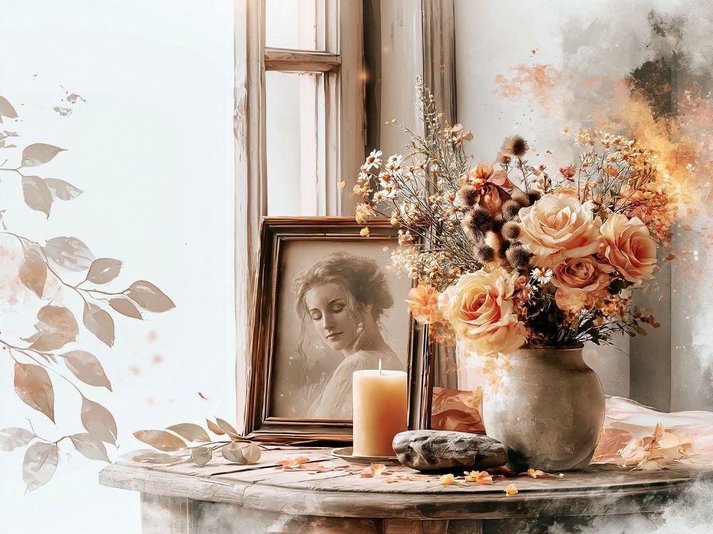 Natuurlijk altaar met bloemen, foto, kaars en steen als ritueel van herinnering en betekenis.