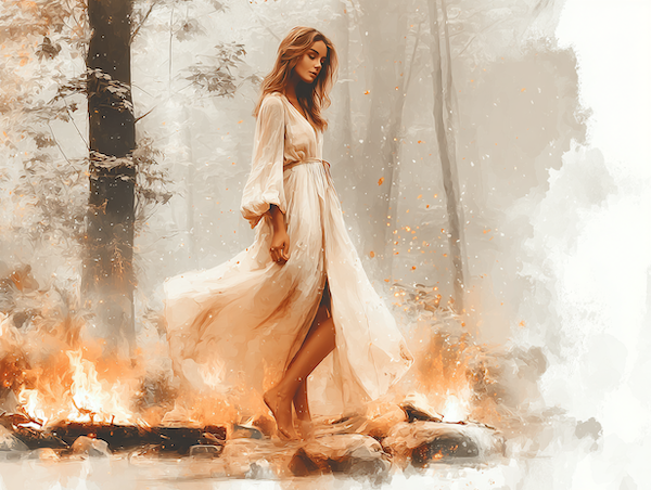 vrouw bij een zacht vuur in de natuur tijdens walpurgisnacht, met een magische en serene sfeer