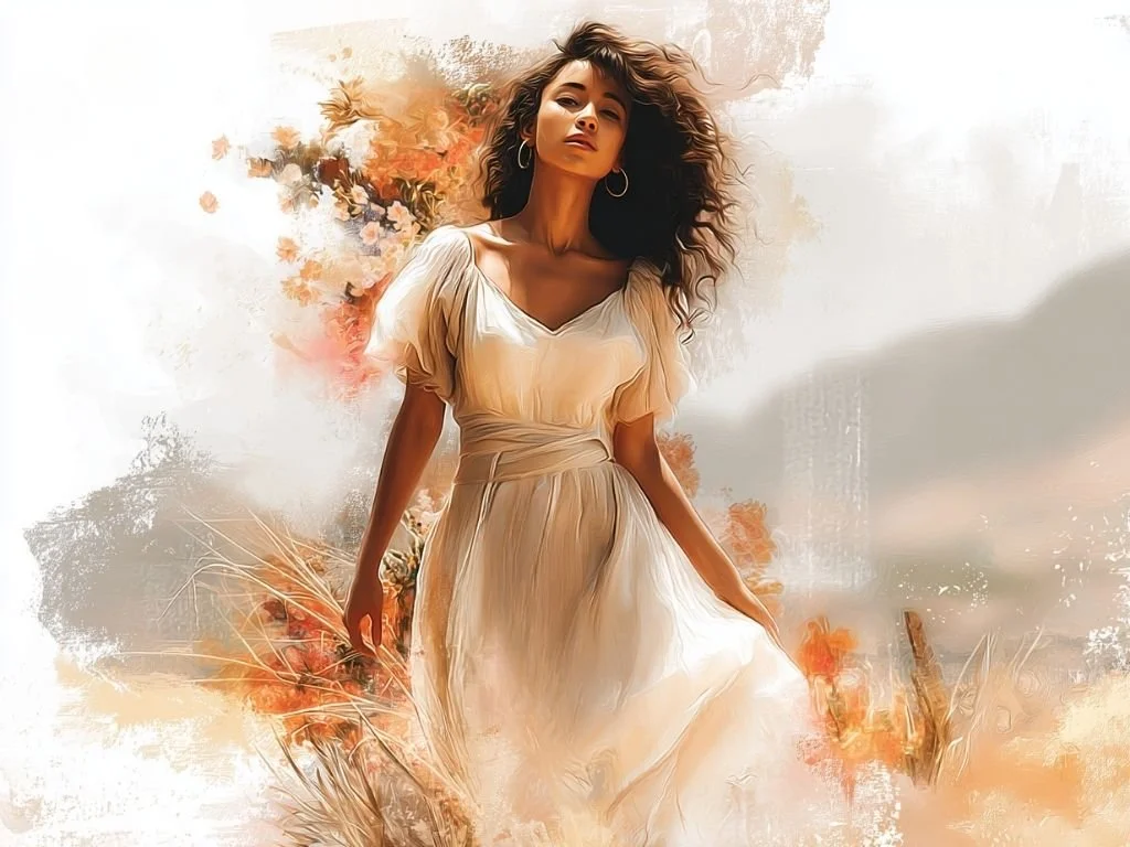 Vrouw in de natuur met zachte wind en licht die haar verbinding met voorouders en innerlijke kracht uitstraalt