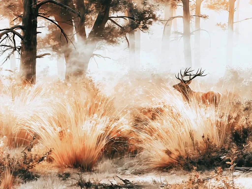 Goudkleurig hoog gras in het Weerterbos met zacht licht en bomen op de achtergrond tijdens de bronsttijd.