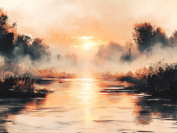 De rivier de Roer bij zonsopkomst met een mysterieuze sfeer die verwijst naar de riviergodin Rura.