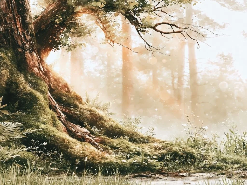 Groen mos, varens en jonge bladeren als symbool voor viriditas en de levenskracht van de natuur.