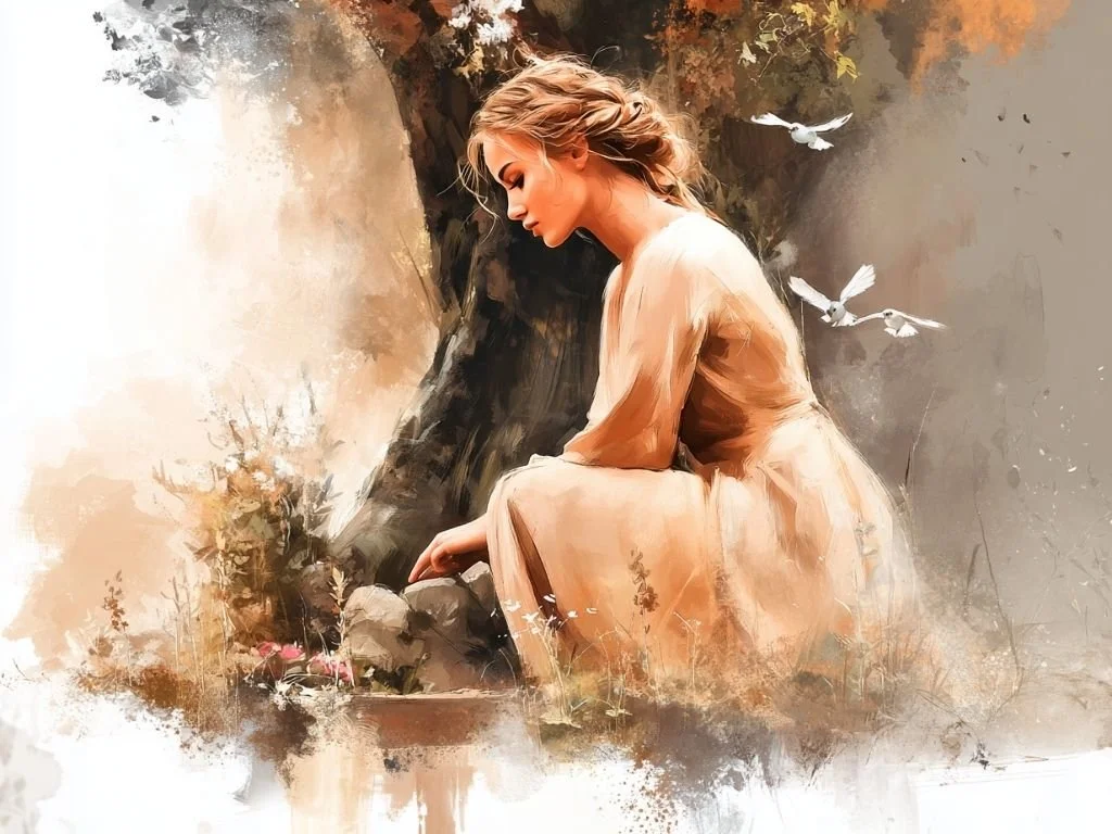 Assepoester bij de boom op het graf van haar moeder in een middeleeuws sprookjesbos