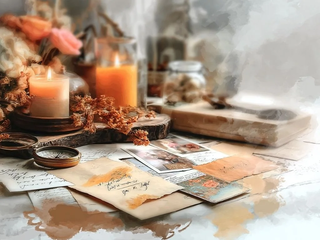 Vintage flatlay met DNA-testresultaten, oude familiefoto’s en kaarslicht.