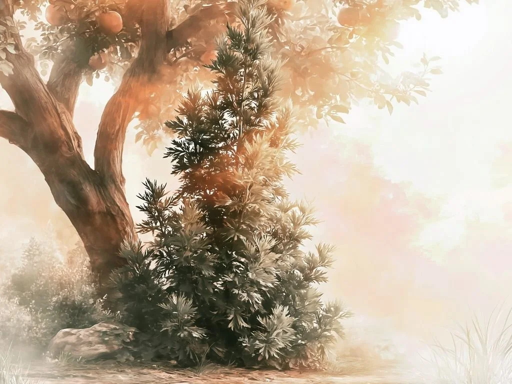 Hoge bijvoetplant in een landelijke tuin naast een appelboom tijdens een zomerse ochtend