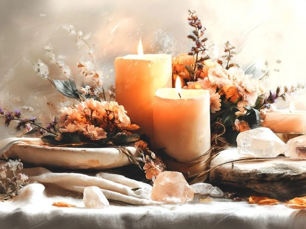 zacht vrouwelijk altaar met hondsdraf, bloemen en kaarslicht voor een spiritueel ritueel