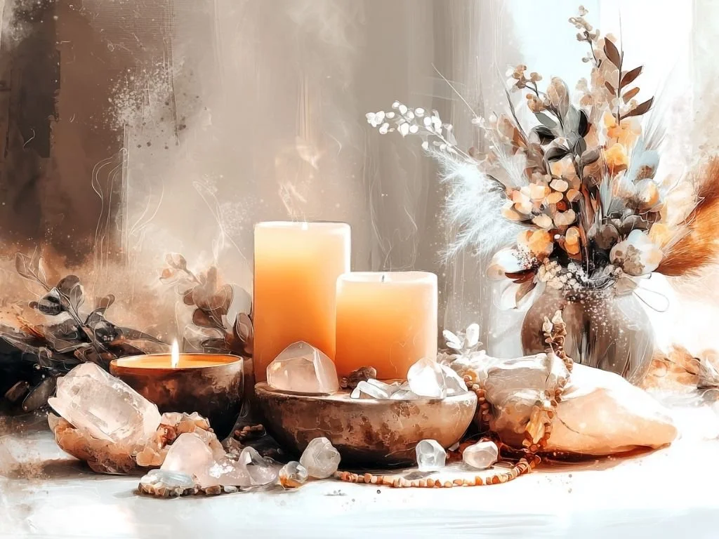 Vrouwelijk Yule-altaar met kaarsen, kristallen en wintergroen in zachte magische sfeer.