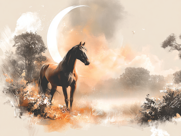 Silhouet van een paard onder een donkere nieuwe maan, mystieke sfeer