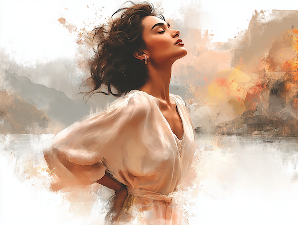 Vrouw in stille aanwezigheid die rust uitstraalt en bewust pauzeert